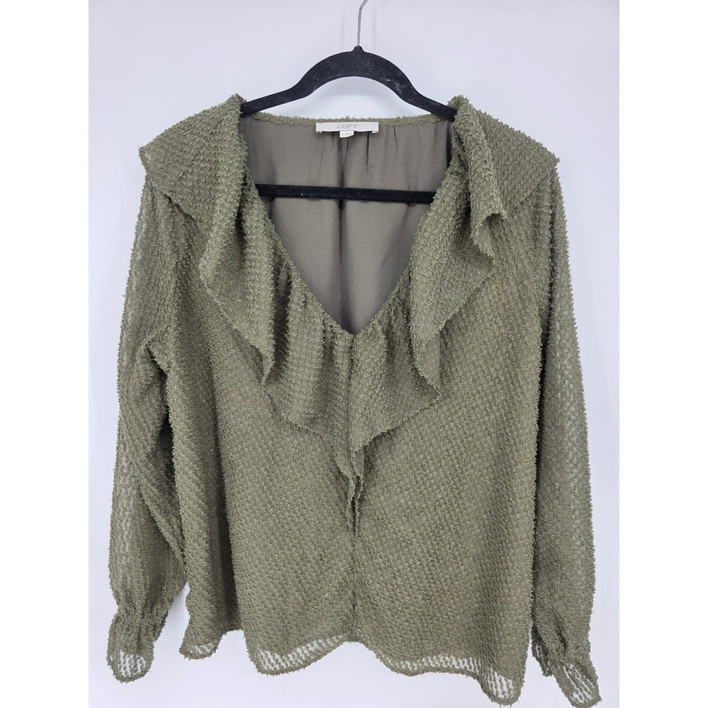 LOFT‎ Olive Green Textured Ruffle Long Sleeve Blouse Top Women's Size L